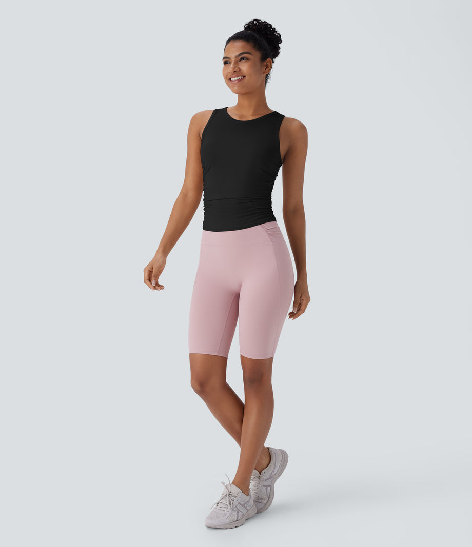 Round Neck Racerback Ruched Yoga Tank Top - Black