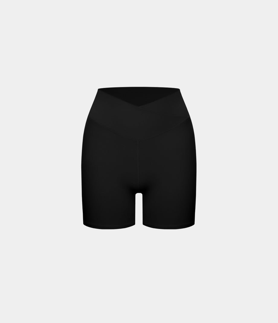 SoftlyZero™ Plush High Waisted Crossover Ruched Yoga Shorts 5'' - Black