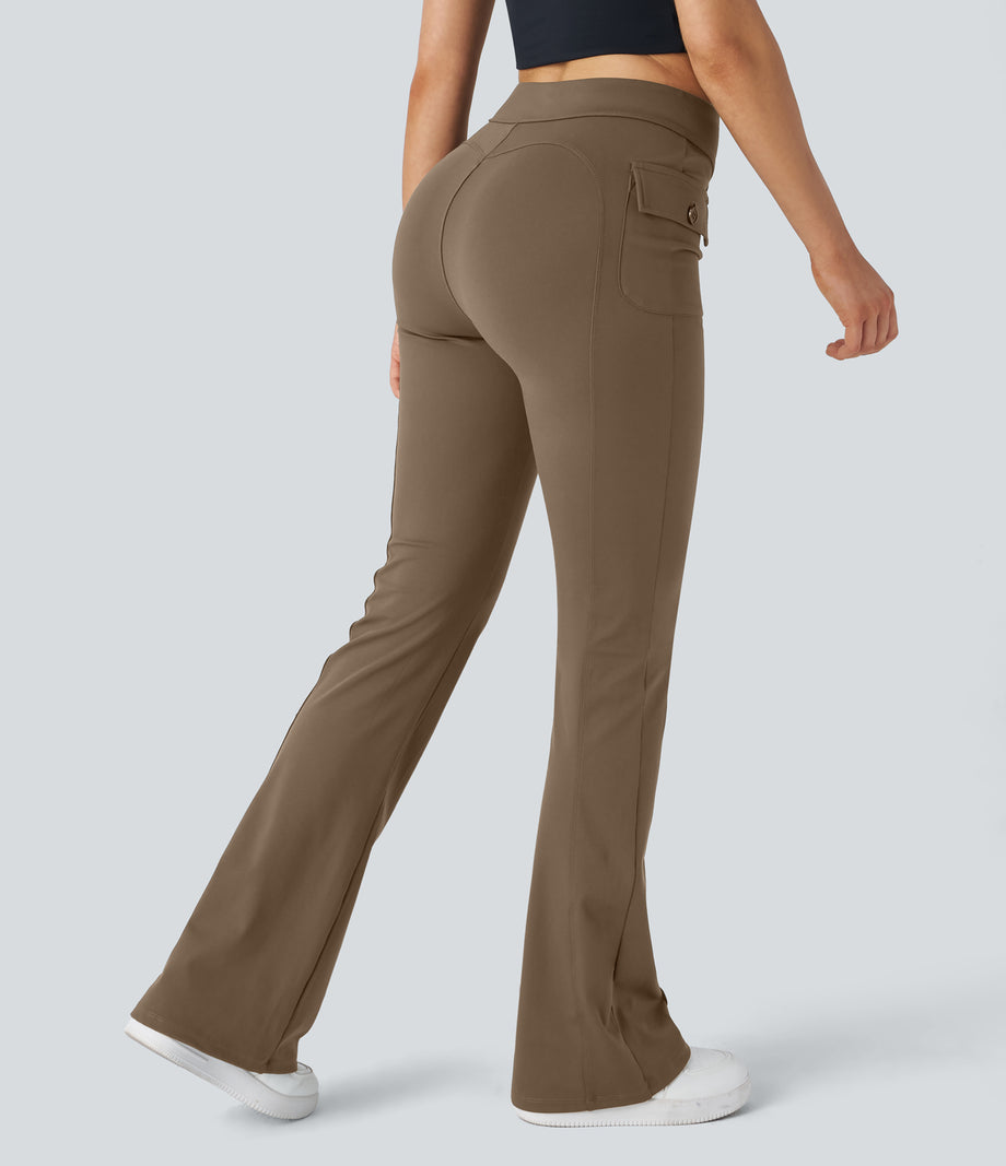 High Waisted Side Flap Pocket Flare Casual Cargo Pants - Sepia