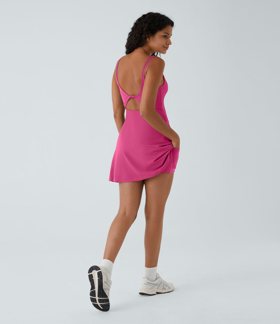 SoftlyZero™ Plush Double Straps 2-Piece Pocket Slip Dance Active Dress A-D Cups - Fuchsia Purple