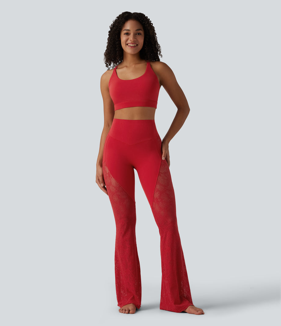 Halara UltraSculpt™ High Waisted Tummy Control Contrast Lace Yoga Flare Leggings with Pocket - Aura Orange