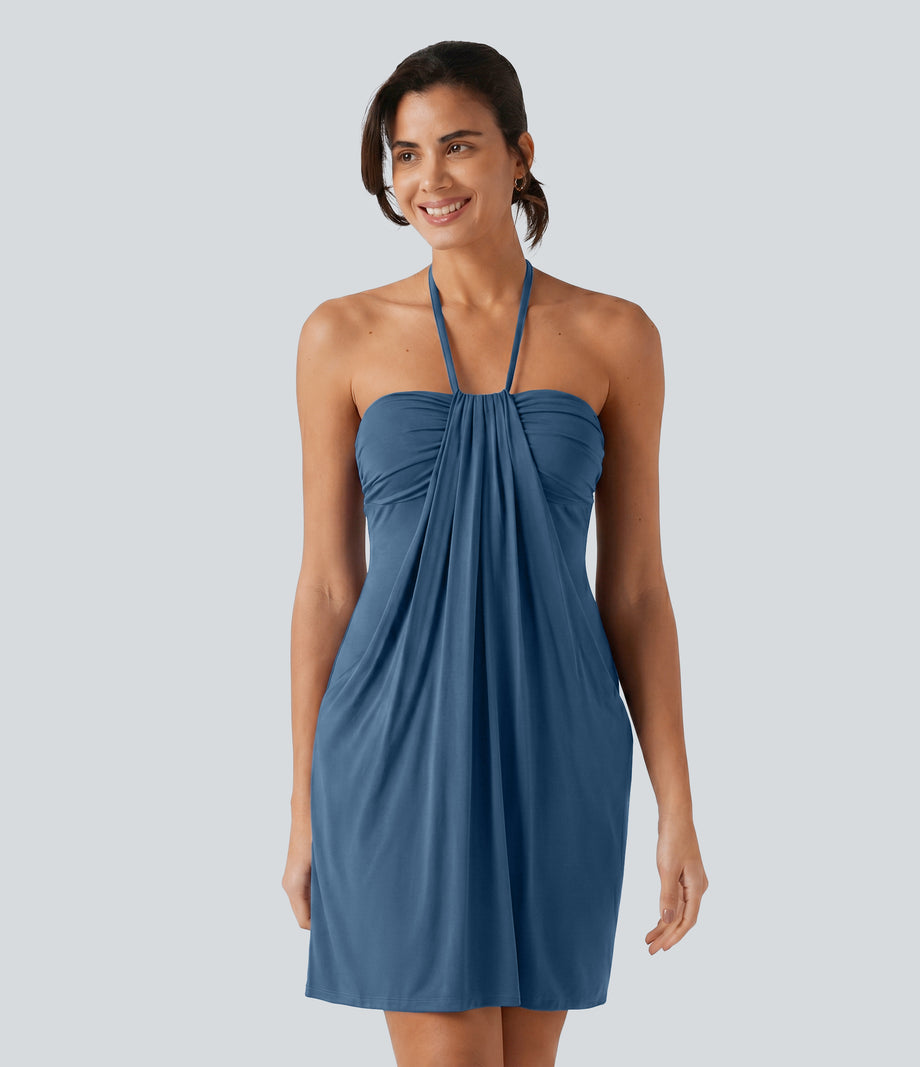 Halter Tie Back Mini Resort Dress with Pockets - Stellar