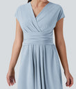 Breezeful™ V Neck Short Sleeve Pocket Tie Back Quick Dry Midi Casual Dress - Baby Blue