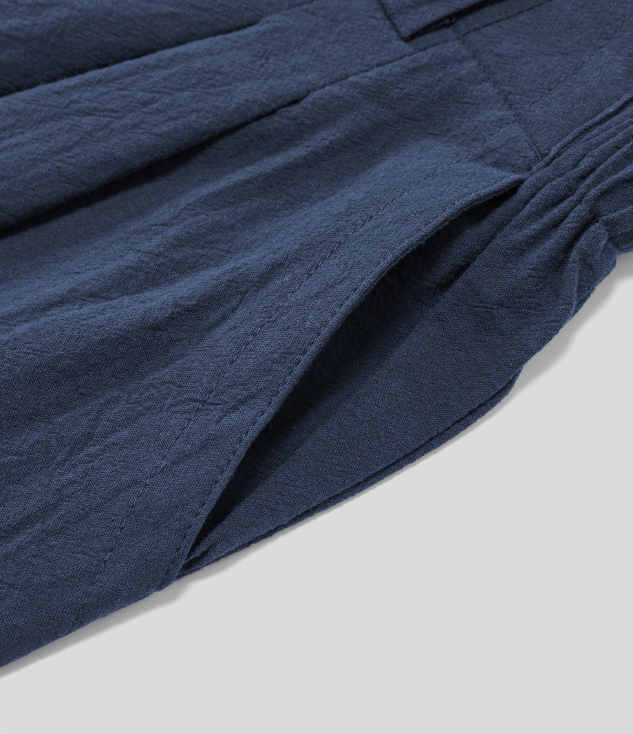 High Waisted Pocket Wide Leg Flowy Solid Palazzo Casual Linen-Feel Pants - Deep Secluded Blue