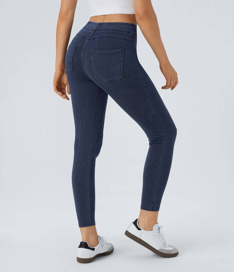 Halara Flex™ High Waisted Pocket Denim Casual Leggings - Washed Denim Navy Blue