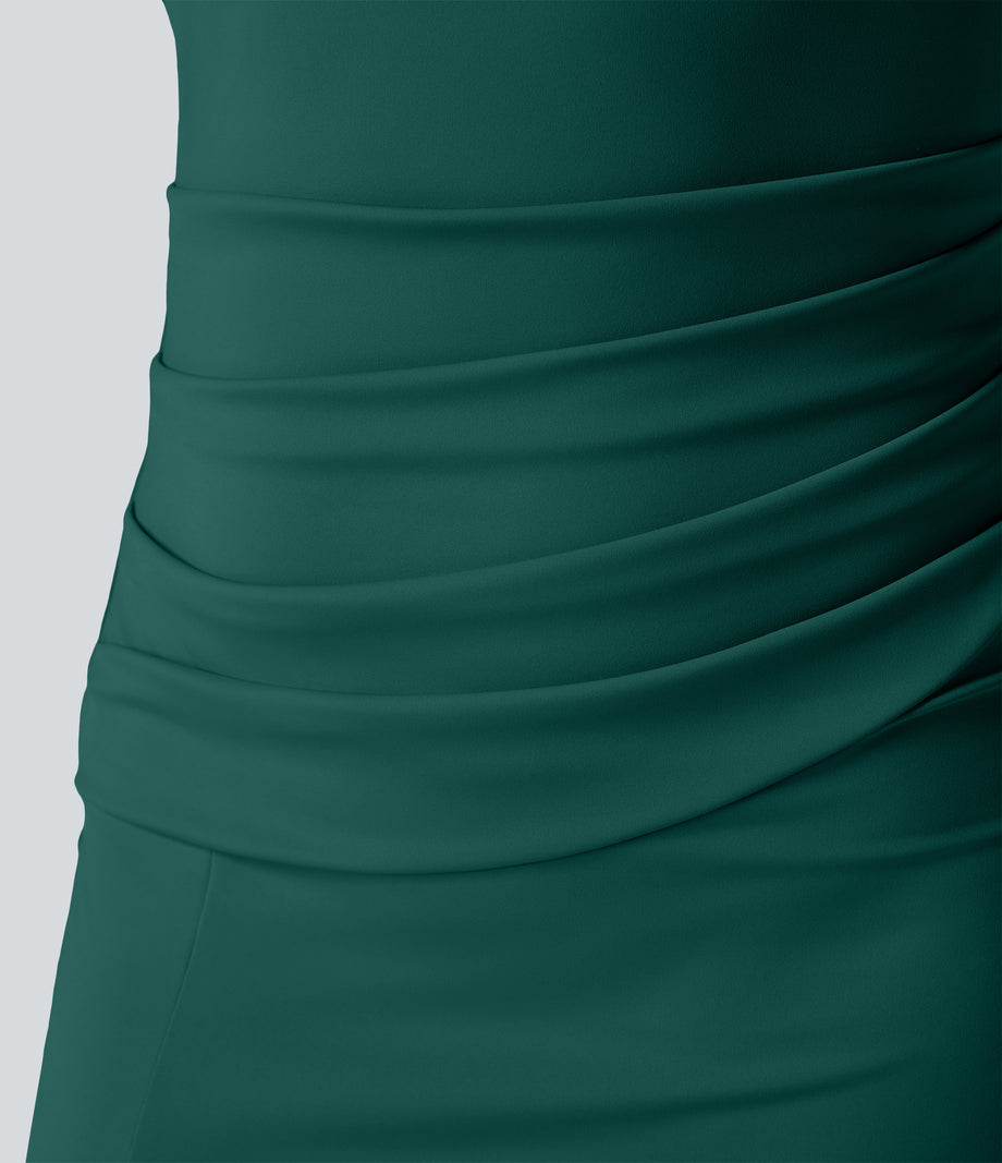 SoftlyZero™ Airy Square Neck Backless Corset Ruched Split Bodycon Midi Cool Touch Bridesmaid and Wedding Guest Dress - Forest Biome