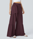 Breezeful™ High Waisted Shirred Tie Front & Back Wide Leg Flowy Quick Dry Casual Pants - Deep Crimson