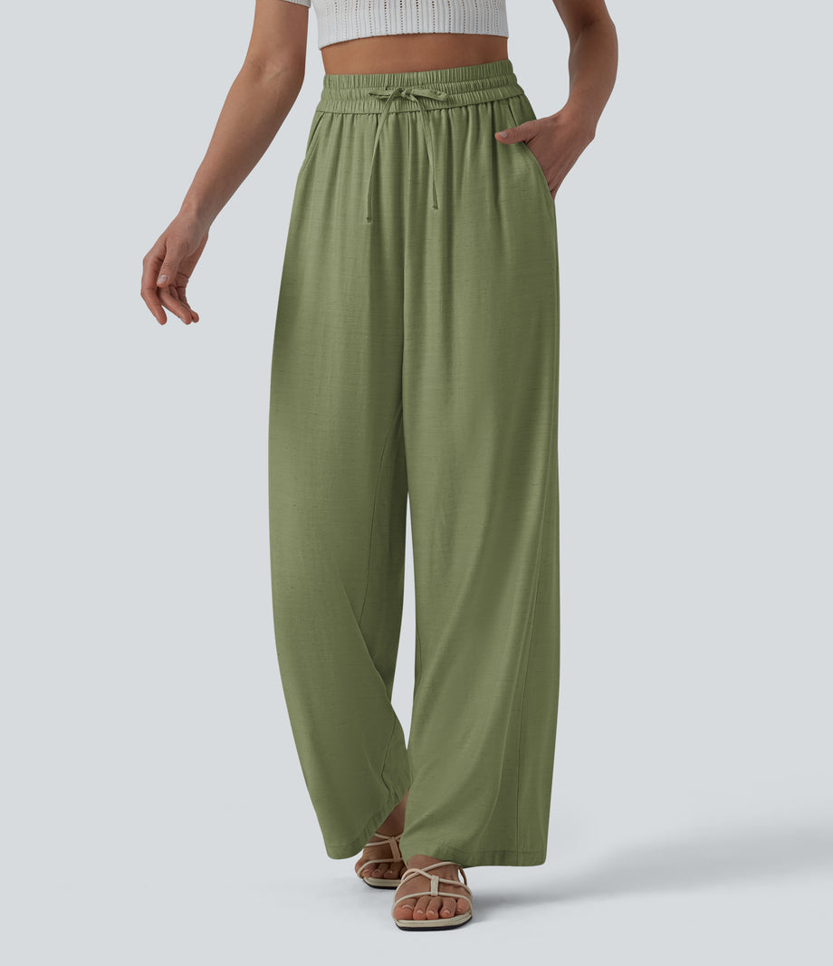 High Waisted Drawstring Wide Leg Casual Linen-Blend Pants with Pockets - Iguana