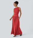 Ribbed Boat Neck Asymmetric Strap Ruched Pocket Flowy Maxi Casual Dress - Rubicondo