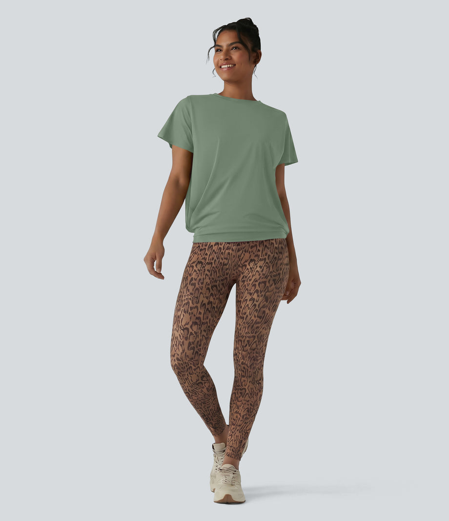 Round Neck Short Sleeve Ruched Cool Touch Yoga Sports Top-UPF50+ - Hedge Green