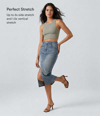 Halara Flex™ High Waisted Pockets Bodycon Washed Denim Casual Midi Skirt - Blue Gray Denim