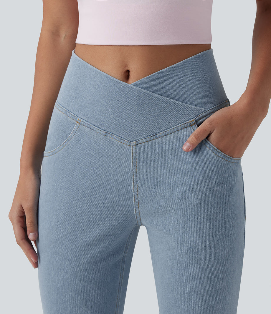 Halara Flex™ High Waisted Crossover Pocket Washed Casual Jeans - Powder Blue Denim