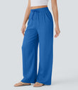 High Waisted Drawstring Pocket Wide Leg Baggy Casual Linen-Feel Pants - Strong Blue