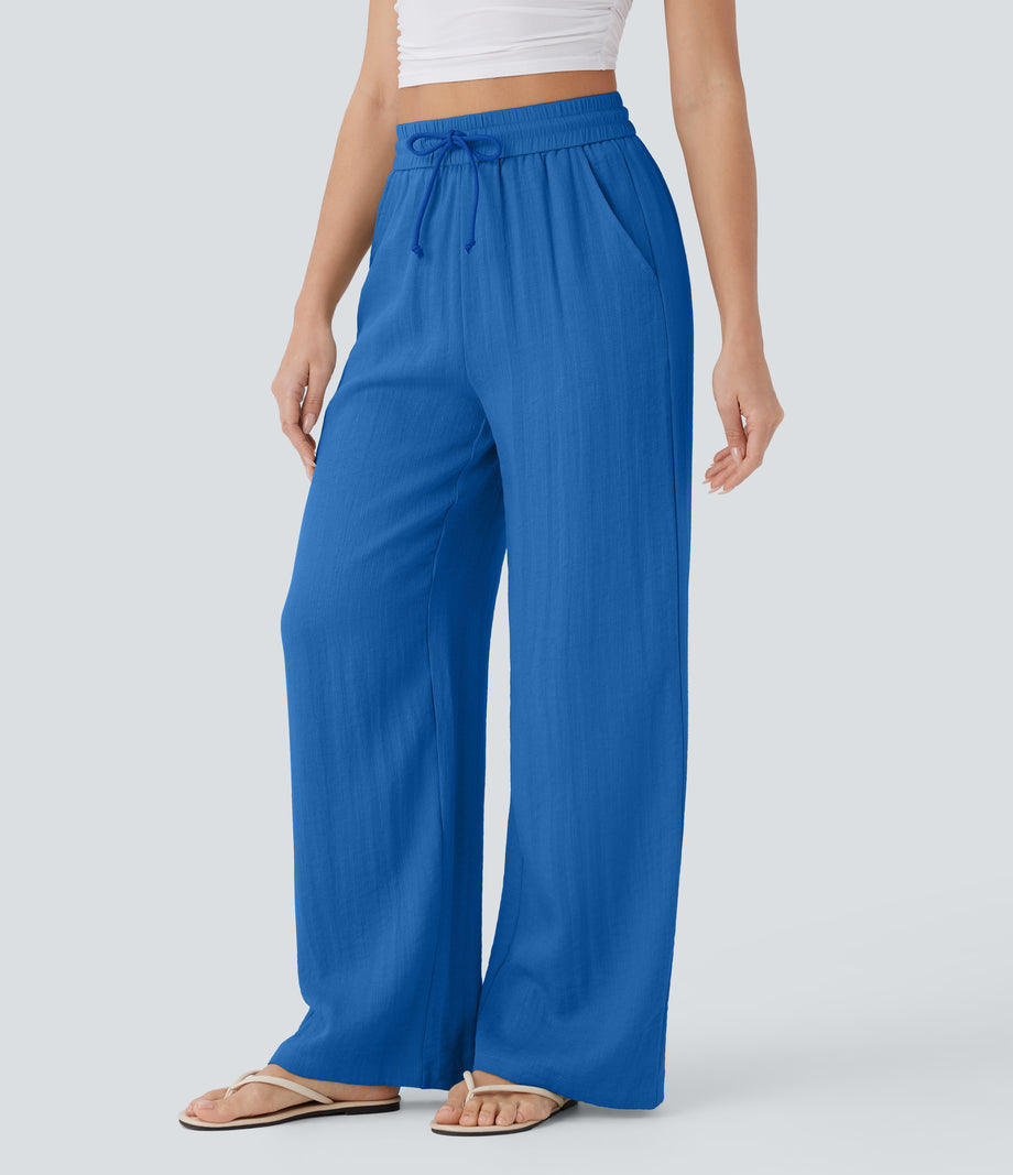 High Waisted Drawstring Pocket Wide Leg Baggy Casual Linen-Feel Pants - Strong Blue