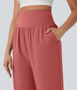 Breezeful™ High Waisted Tummy Control Hem Quick Dry Capri Pants with Pockets - Kapok Red