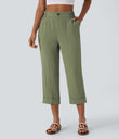 High Waisted Zipper Pocket Cropped Linen-Feel Pants - Catkin Green
