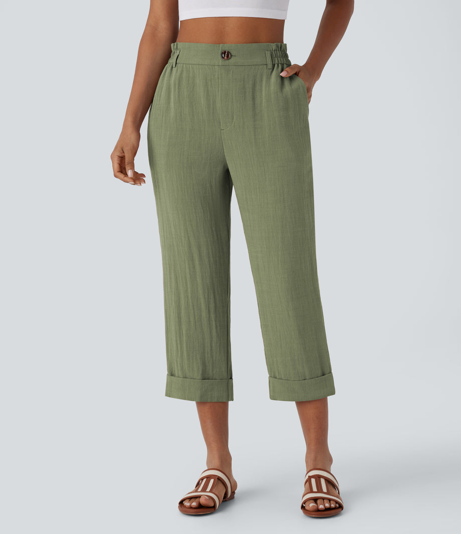 High Waisted Zipper Pocket Cropped Linen-Feel Pants - Catkin Green