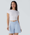 Halara Flex™ Crossover High Waisted Pockets Wide Leg A Line Washed Denim Casual Shorts - Washed Denim Sunny Blue