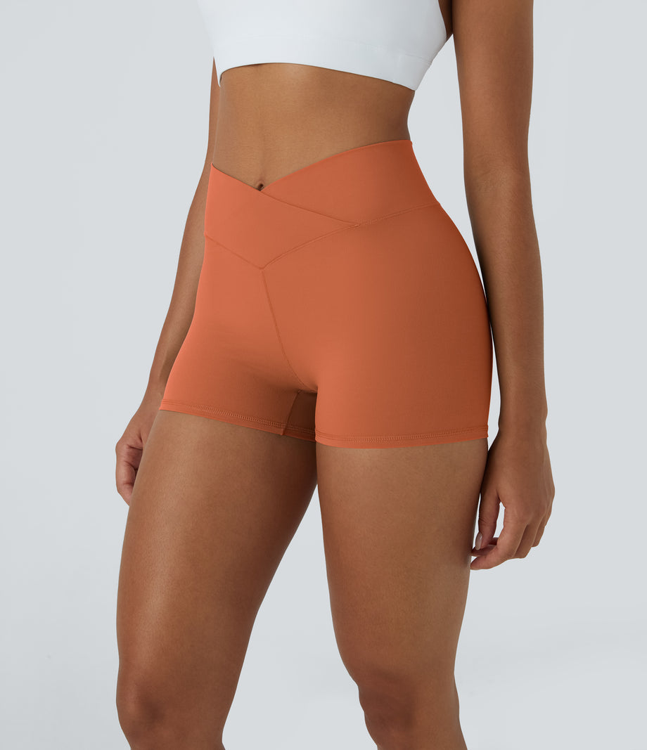 SoftlyZero™ High Waisted Crossover Plain Yoga Biker Shorts 3''-UPF50+ - Spice Route