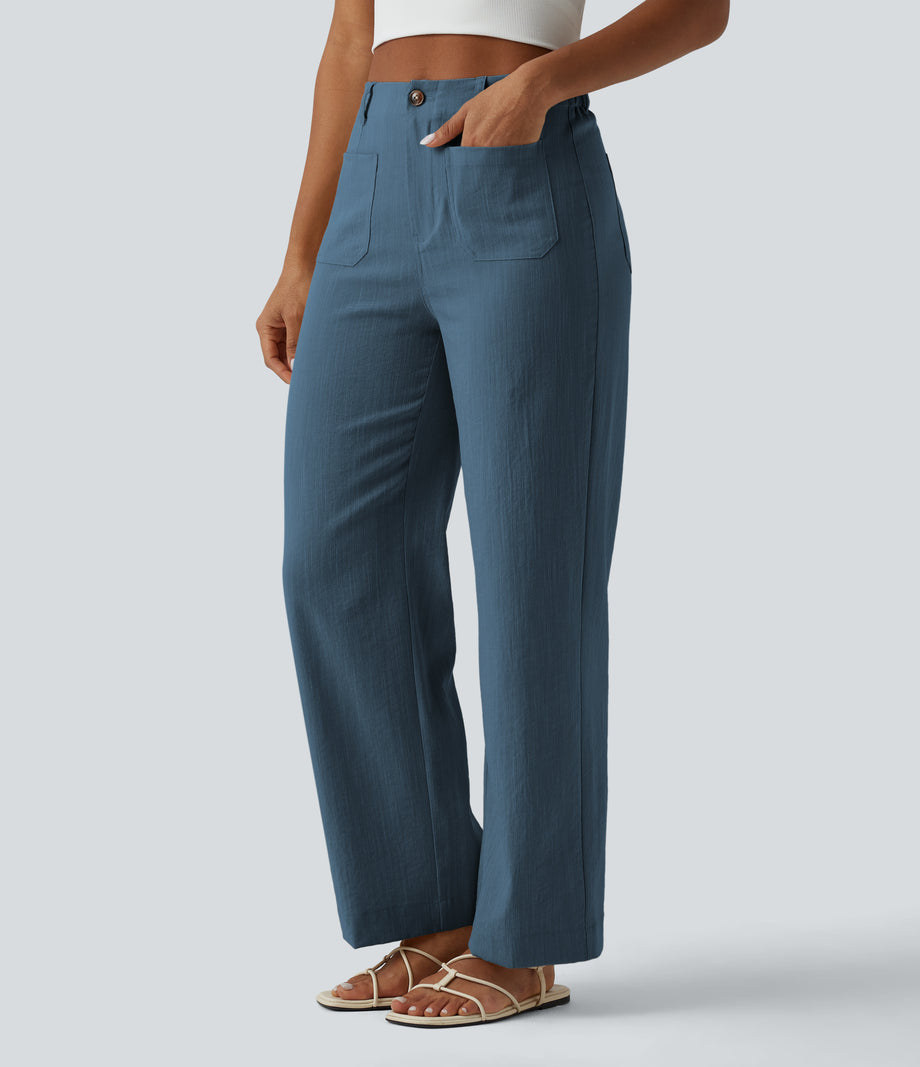 High Waisted Straight Leg Casual Linen-Feel Pants with Pockets - Morning Mist Blue 