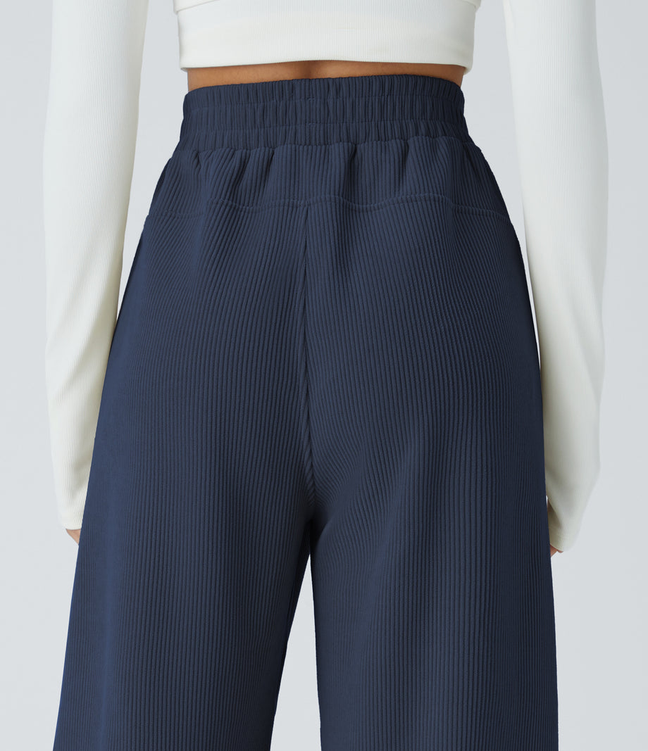 High Waisted Pocket Straight Leg Baggy Mop Corduroy Casual Pants - Mood Indigo