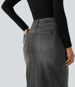 Halara Flex™ High Waisted Pockets Bodycon Washed Denim Casual Midi Skirt - Charcoal Black Denim
