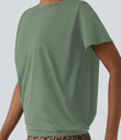 Round Neck Short Sleeve Ruched Cool Touch Yoga Sports Top-UPF50+ - Hedge Green