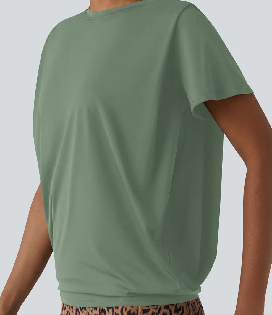 Round Neck Short Sleeve Ruched Cool Touch Yoga Sports Top-UPF50+ - Hedge Green