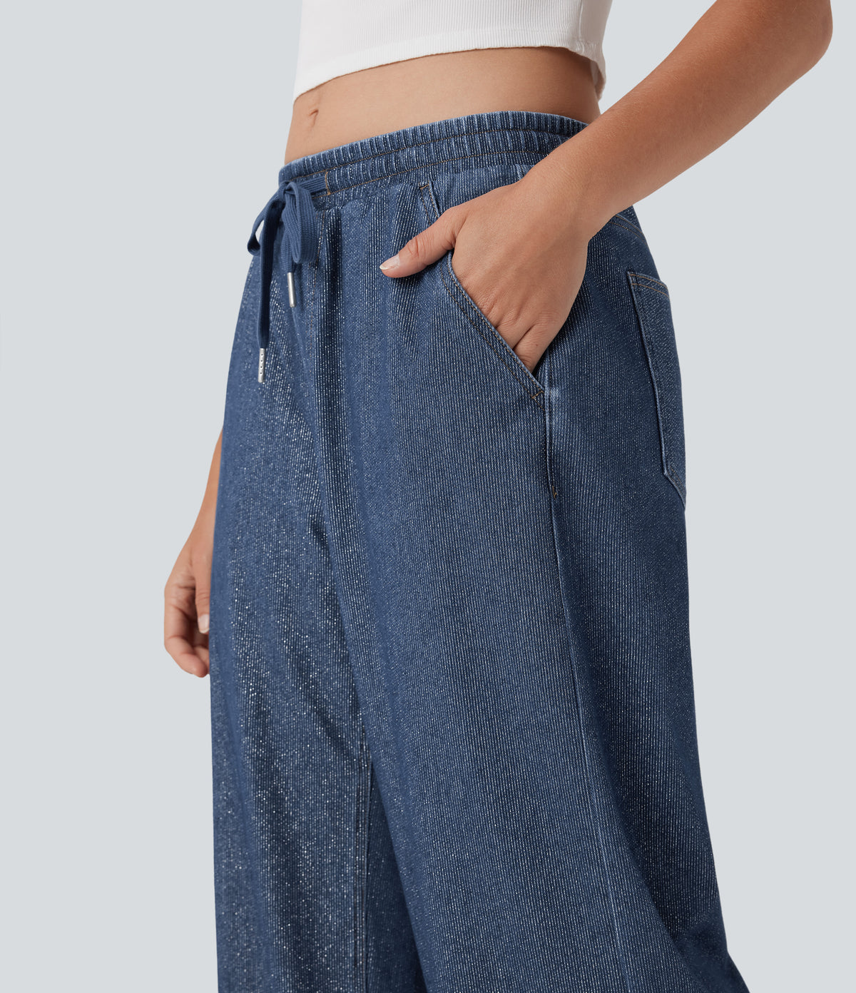 Halara Flex™ Low Rise Drawstring Wide Leg Sparkle Casual Sweatpants Jeans with Pockets - Tide Blue Denim
