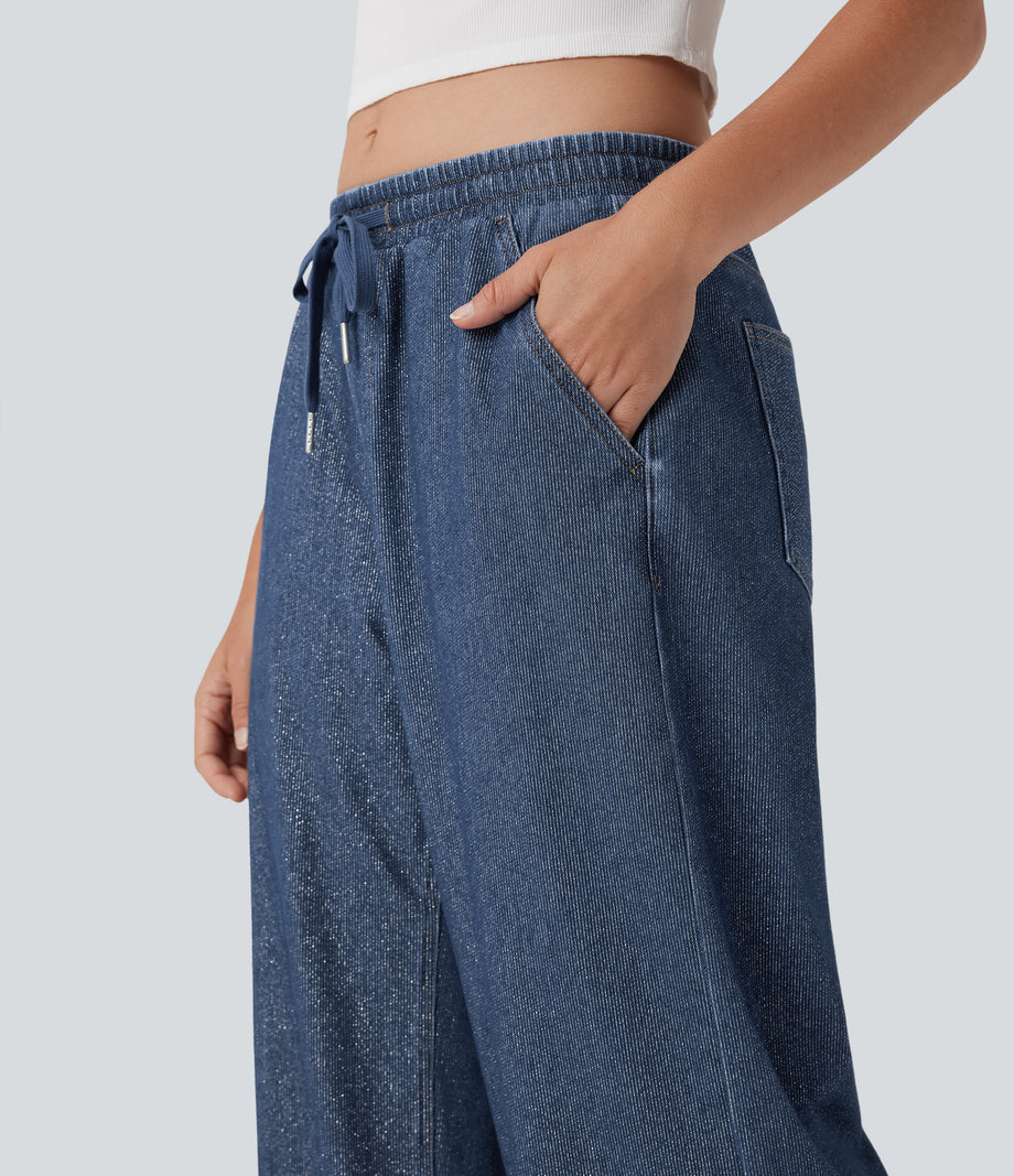 Halara Flex™ Low Rise Drawstring Wide Leg Sparkle Casual Sweatpants Jeans with Pockets - Tide Blue Denim