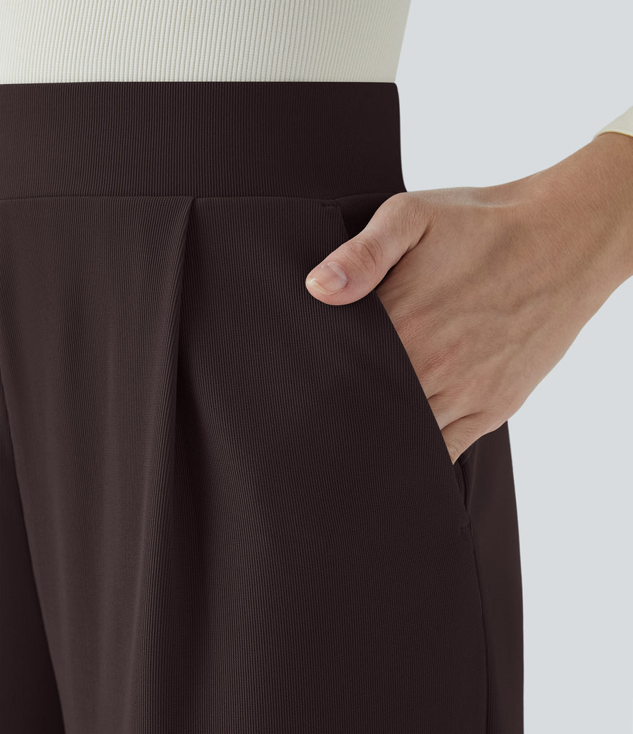 Halara Flex™ High Waisted Body Sculpt Waist-Slimming Pocket Wide Leg Micro Waffle Work Pants - Chocolate Torte