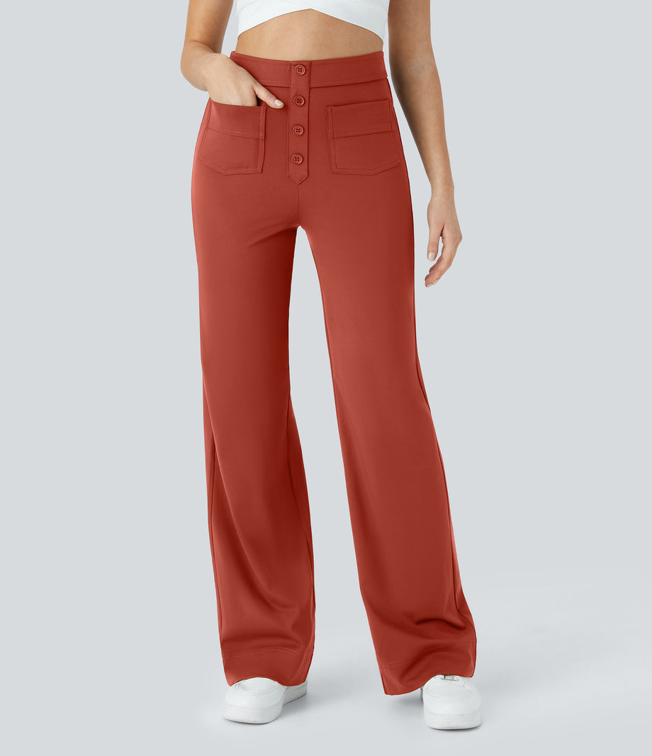 DayStretch High Waisted Pockets Straight Leg Casual Pants - Cinnabar