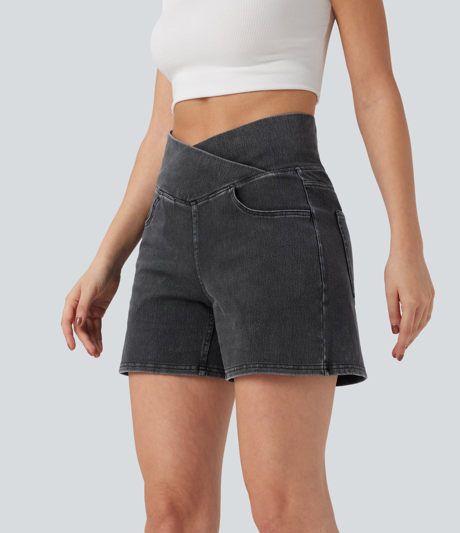 Halara Flex™ Crossover High Waisted Pockets Wide Leg A Line Washed Denim Casual Shorts - Iron Gate Denim