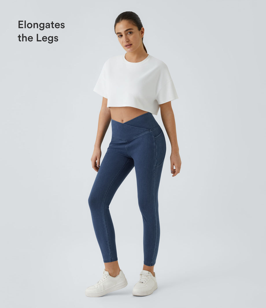 Halara Flex™ Crossover Pocket Washed Denim Work Leggings - Washed Denim Bleached Blue