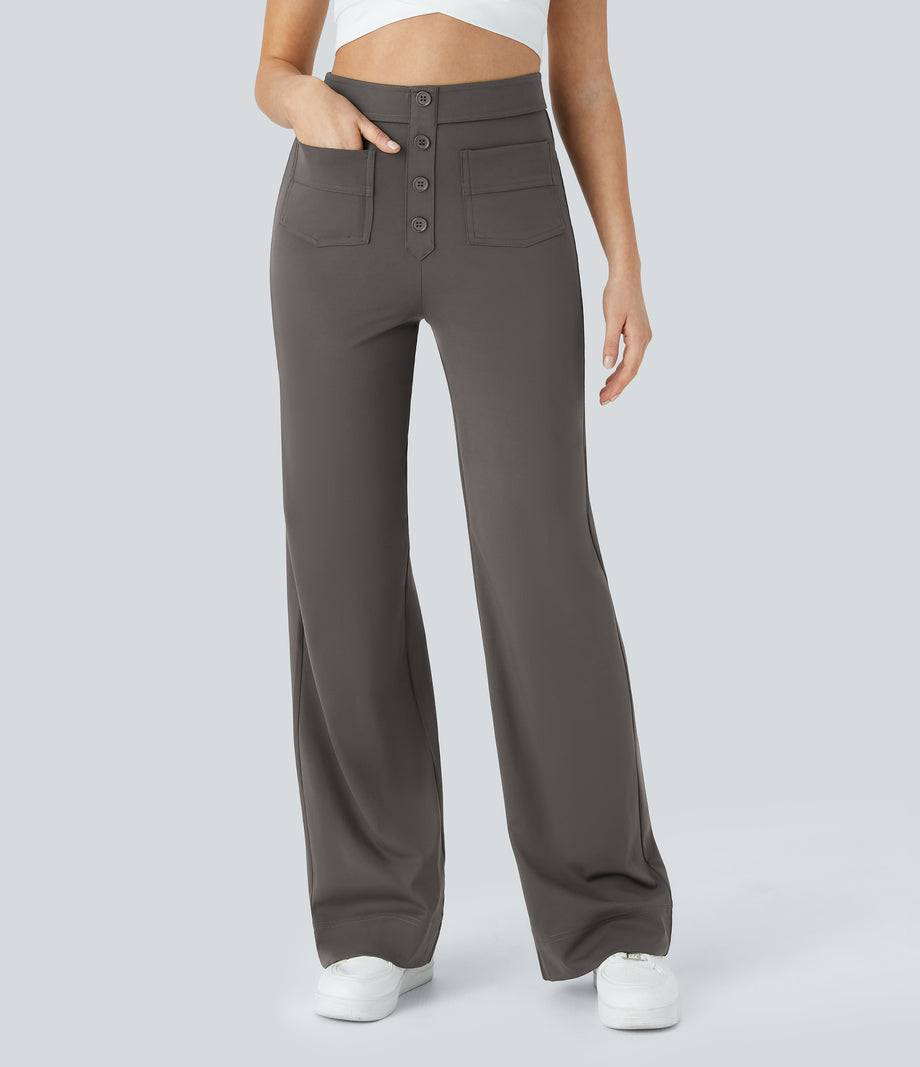 DayStretch High Waisted Pockets Straight Leg Casual Pants - Deep Red Grey