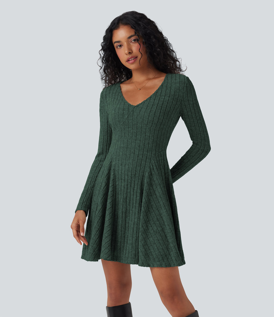 Ribbed Knit V Neck Long Sleeve Flare Mini Casual Dress with Pockets - Mottled Greenlake