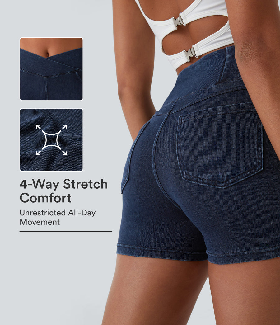 Celeste L'Amour Flex™ High Waisted Crossover Pocket Denim Casual Shorts 3"