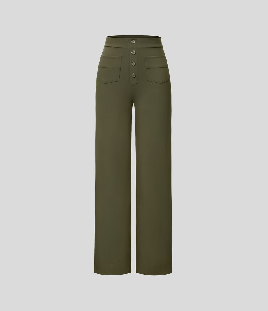 DayStretch High Waisted Pockets Straight Leg Casual Pants - Forest Night