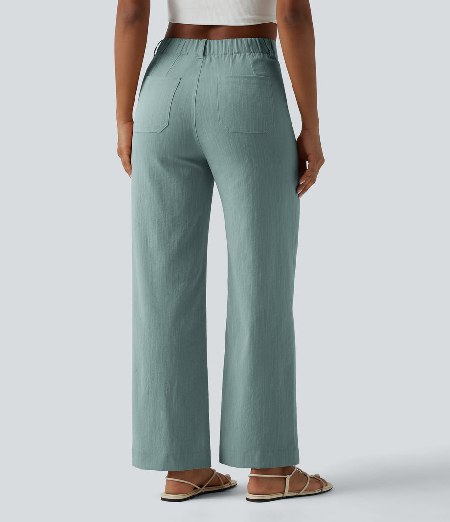 High Waisted Straight Leg Casual Linen-Feel Pants with Pockets - Silverwood Sage