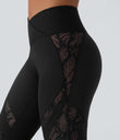 SoftlyZero™ High Waisted Crossover Pocket Contrast Lace Flare Yoga Leggings - Black