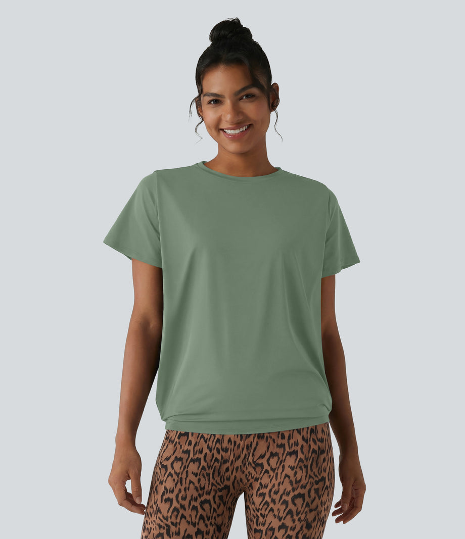 Round Neck Short Sleeve Ruched Cool Touch Yoga Sports Top-UPF50+ - Hedge Green