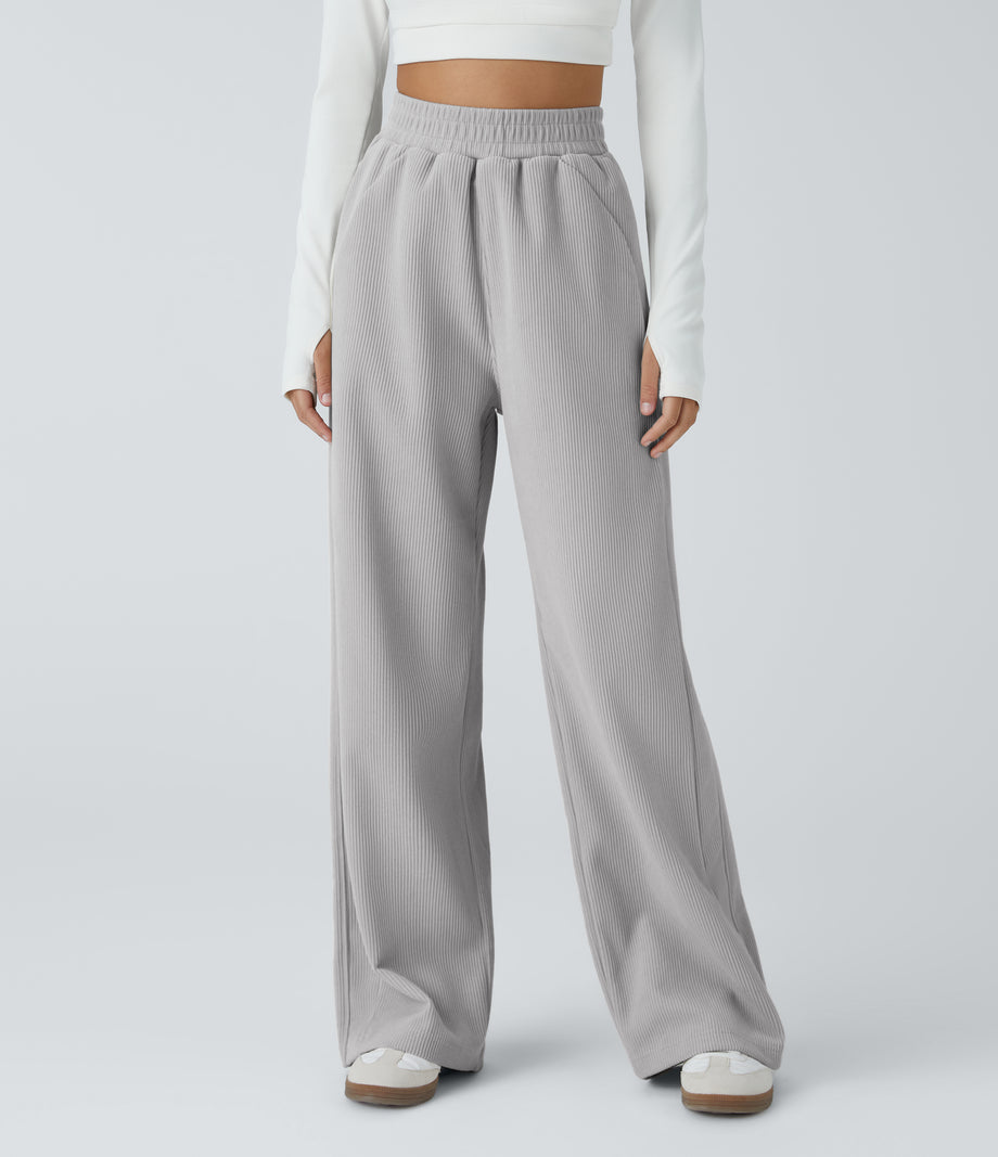 High Waisted Pocket Straight Leg Baggy Mop Corduroy Casual Pants - Glacier Gray