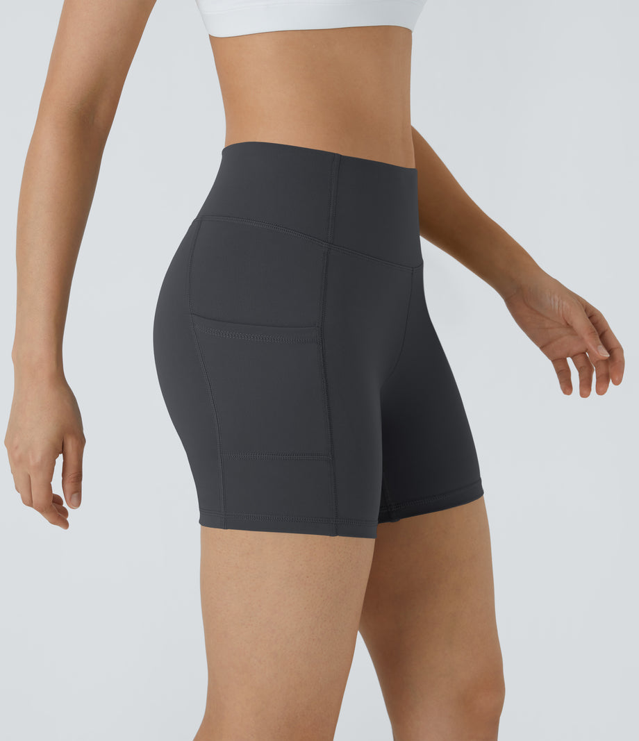 High Waisted Pocket Running Biker Shorts - Asphalt