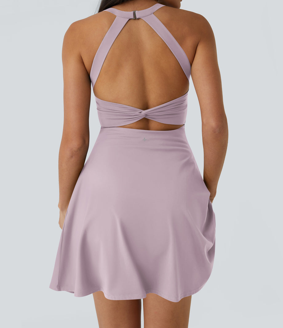 SoftlyZero™ Airy Backless Twisted Flare Low Support Dance Active Dress-Longer Length-Easy Peezy Edition A-D Cups - Pink Purple