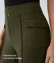 High Waisted Side Flap Pocket Flare Casual Cargo Pants - Forest Night