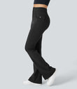 High Waisted Side Flap Pocket Flare Casual Cargo Pants - Black