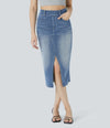 Halara Flex™ High Waisted Pockets Bodycon Washed Denim Casual Midi Skirt - Frost Blue Denim