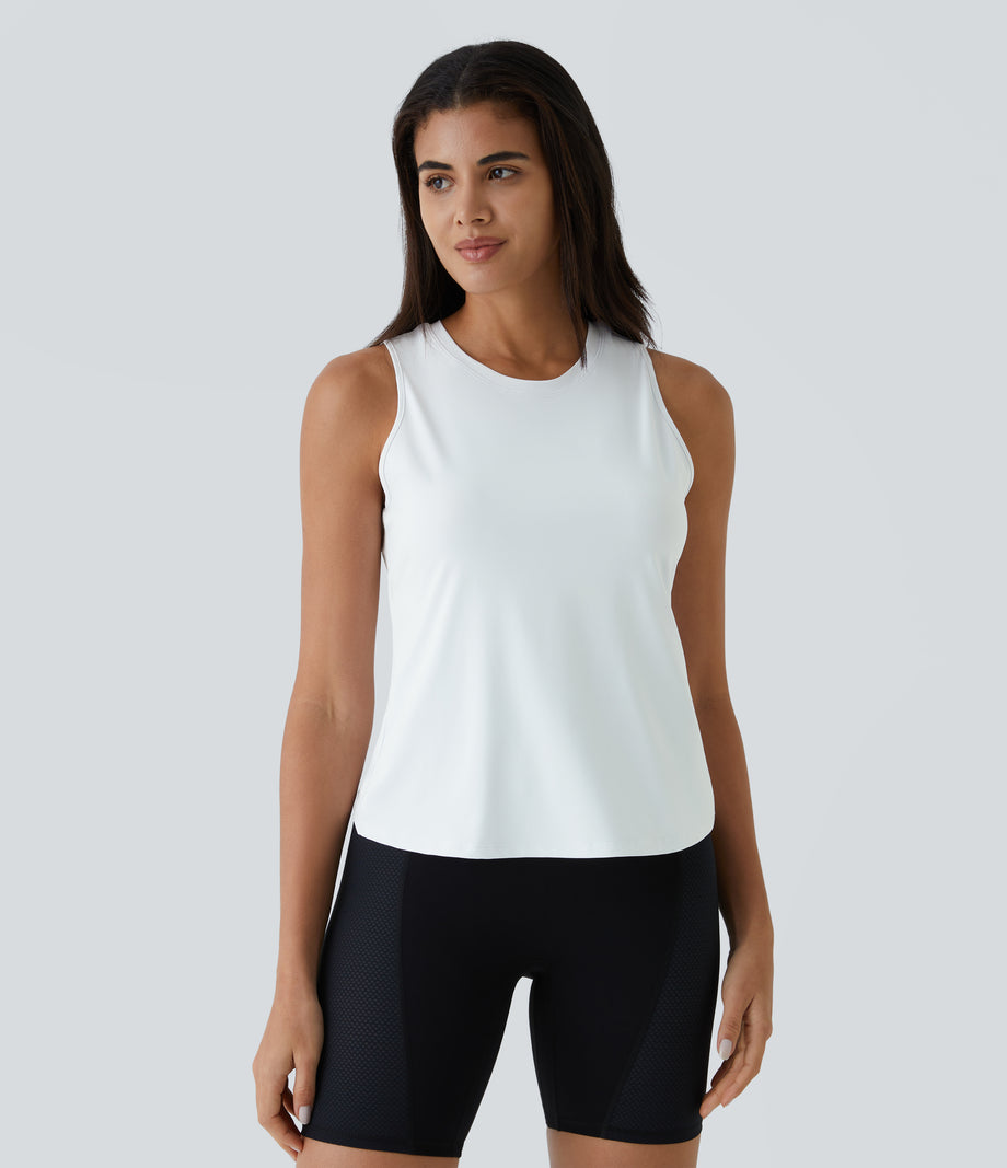Cut Out Crossover Hem Solid Yoga Tank Top - White