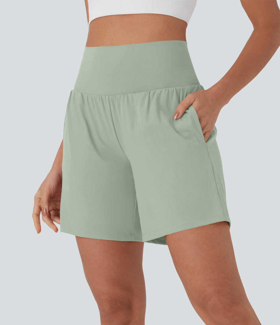 SoftlyZero™ Airy Super High Waisted 2-in-1 Cool Touch Yoga Shorts 7" with Pockets - Light Bean Green