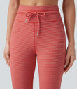 High Waisted Drawstring Stripe Flare Yoga Pants with Pockets - Sunset Coral